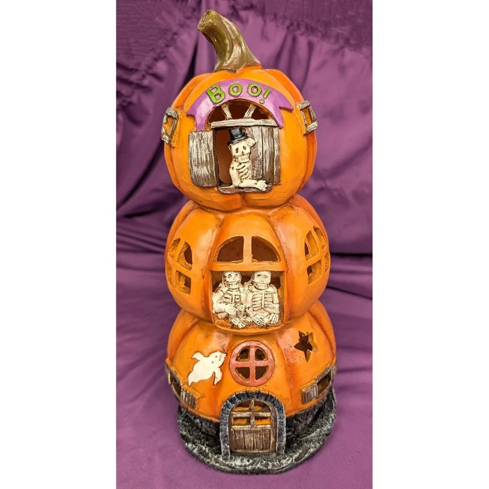 Vintage Halloween Jack-O-Lantern Pumpkin Stack LED Flashing Light Molded Y2K 12